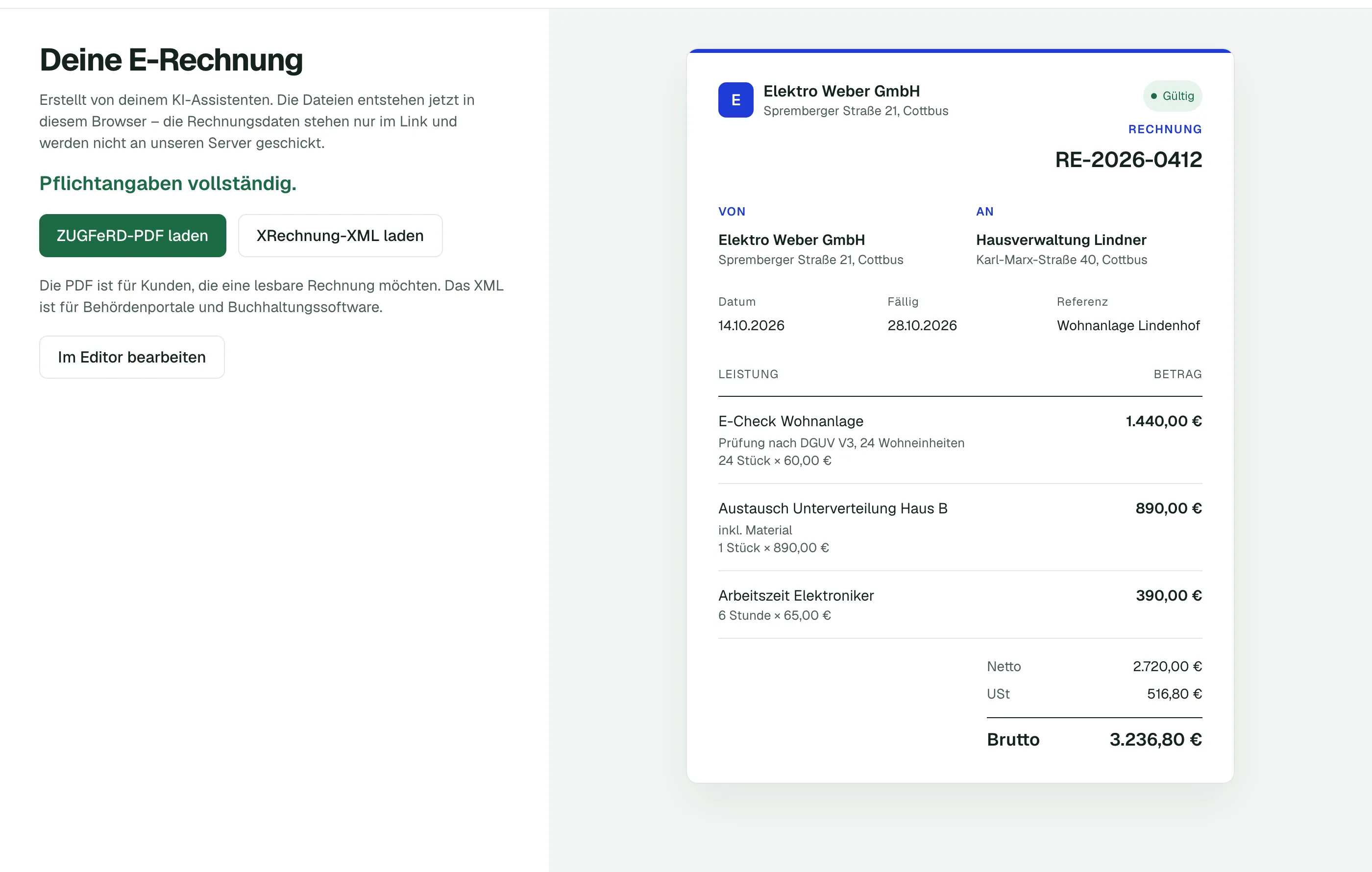 Bildschirmansicht der App E-Rechnung Digital