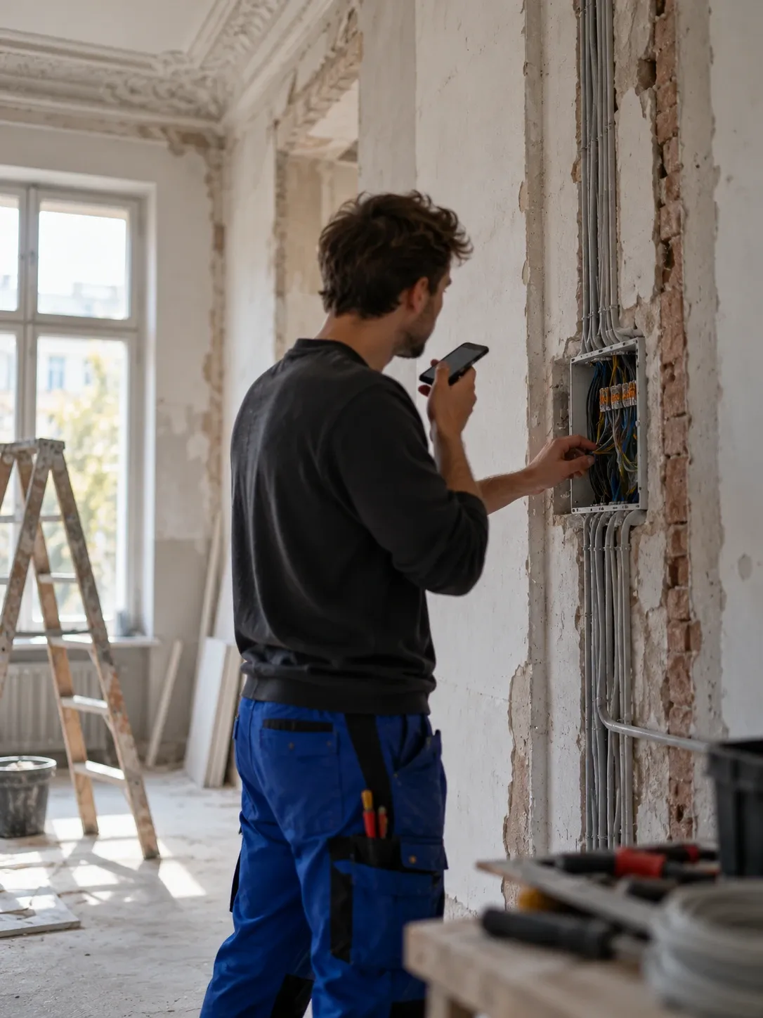 Elektriker auf einer Altbau-Baustelle nimmt eine Sprachnachricht auf