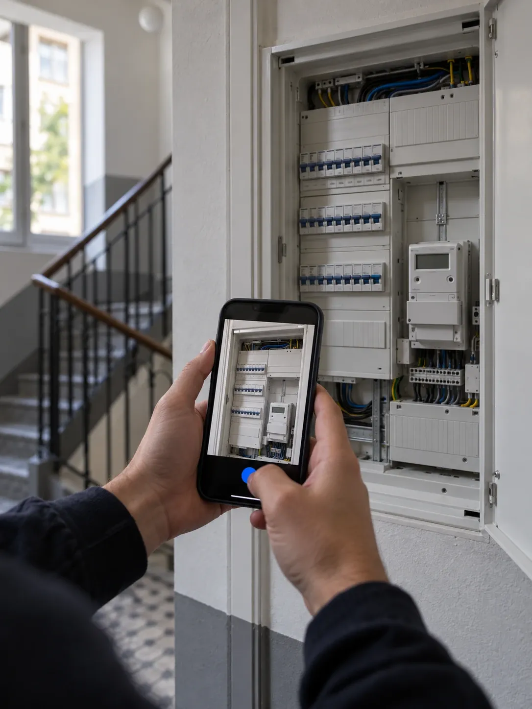 Zählerschrank im Treppenhaus wird mit dem Smartphone fotografiert